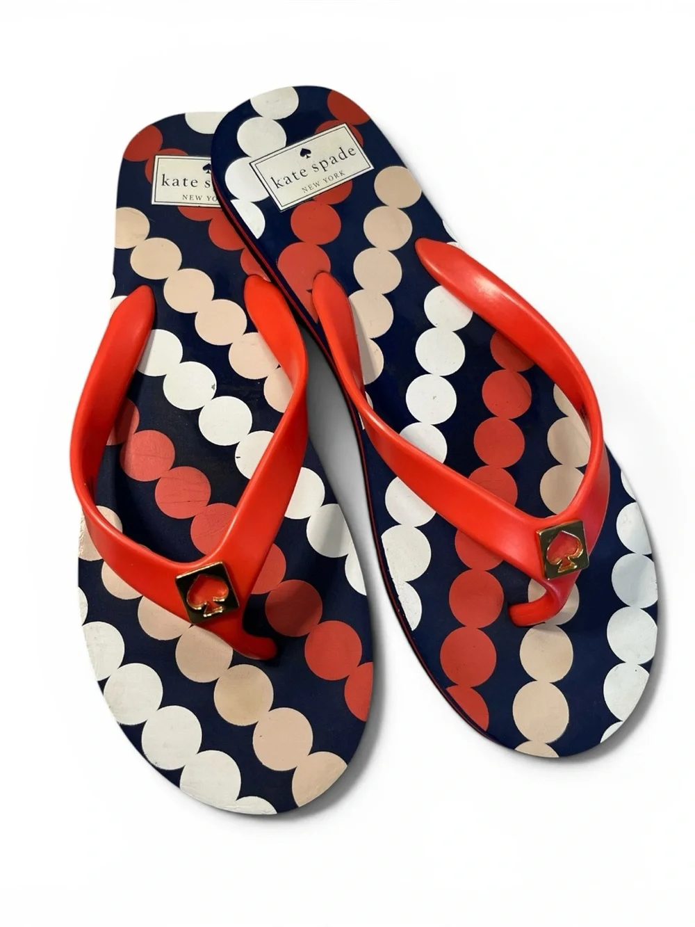 HP 🎊Kate Spade New York Printed Flip Flops Navy Coral Polka Dot Sandals Women’s